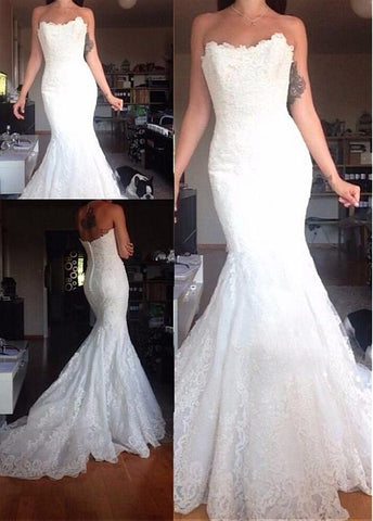 Lace Appliques Tulle Strapless Mermaid Wedding Dress