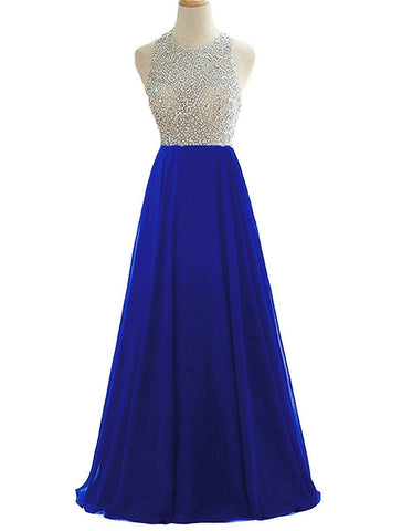 Blue Sequins Keyhole Back Evening Ball Gown Beaded Prom Formal Dresses