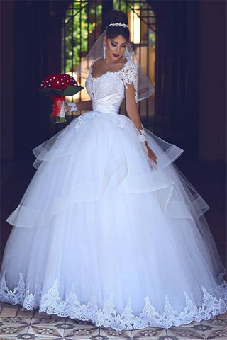 Long Sleeves Sheer Lace Tulle Puffy Tulle Ball Gown Wedding Dress