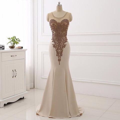 Champagne Satin Scoop Beading Appliques Mermaid Prom Dress