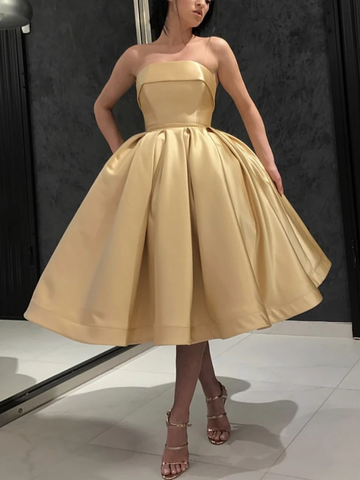 Satin Simple Strapless Tea Length Golden Prom Dress