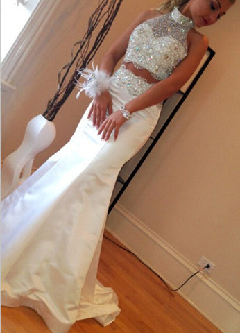 Halter Sleeveless Natural White Prom Dresses