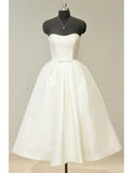 Sweetheart Tea Length Ivory Satin Vintage Wedding Dress