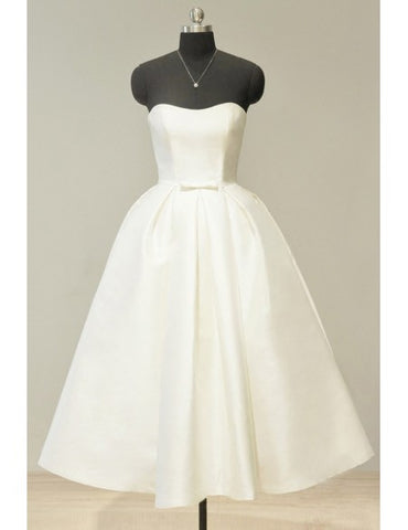 Sweetheart Tea Length Ivory Satin Vintage Wedding Dress