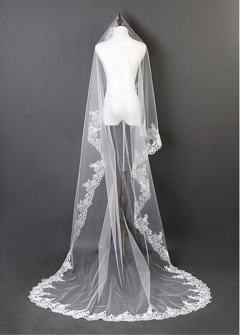 Beautiful Ivory Tulle Cathedral Wedding Veil With Lace Applique Edge