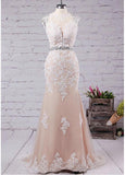 Romantic Tulle Jewel Neckline Sheath / Column Prom Dresses With Lace Appliques & Beadings