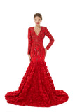 Red Long Sleeves 3D Rose Flowers Trumpet Mermaid Formal Prom Dress
