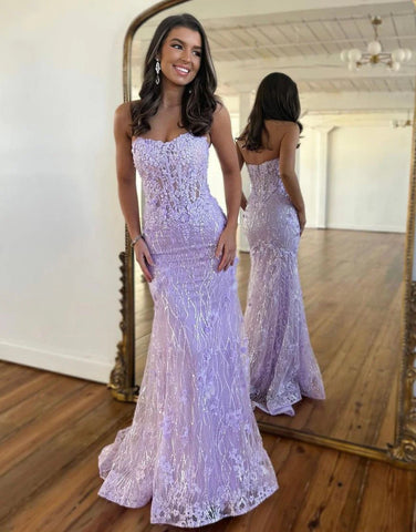 Mermaid Strapless Purple Sequin Prom Dress
