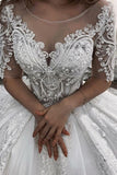 Half Sleeves Ball Gown Beading Appliques Sweep Train Tulle Wedding Dress