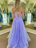 Backless Purple Lace Tulle Appliques Long Prom Dress
