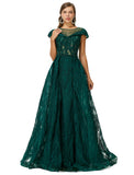 Green Cap Sleeves Scoop Lace A Line Detachable Train Prom Formal Dress