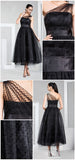 Black Tea Length One Shoulder Tulle Polka Dot Prom Formal Dress
