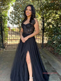 Open Back Lace Black Long Prom Dress with High Slit