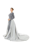 Silver Removable Train Long Sleeves Trumpet Mermaid Sparkle Sequin Prom Dress