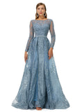 Luxury Blue Beading Long Sleeve Sheer Detachable Train Prom Dress