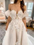 Applique Removable Short Sleeves Princess Wedding Dress