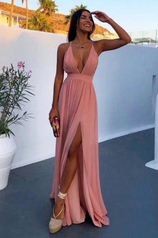 Chiffon Pink Sexy A Line Spaghetti Straps Prom Dress With Slit