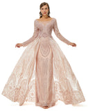 Champagne Long Sleeves Tulle Beading Detachable Train Formal Prom Dress