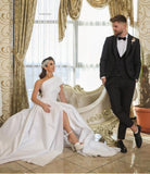 Satin One Shoulder Split Long Bridal Wedding Dress