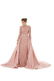 Rose Pink Long Sleeves Scoop Trumpet Mermaid Sparkle Sequin Prom Dress