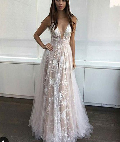 Simple V Neck Tulle Lace Long Wedding Dress