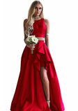Two Piece High Low Satin Pleated Prom Dress