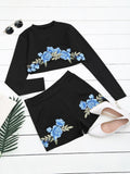 Black Floral Patched Top and Shorts Set
