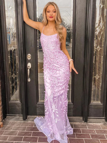 Light Purple Mermaid Appliques Tulle Backless Prom Dress
