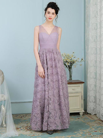 Lavender V-Neck Floor Length Long Lace Prom Dress