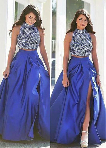 Royal Blue Two Piece A-line Prom Dresses With Beadings