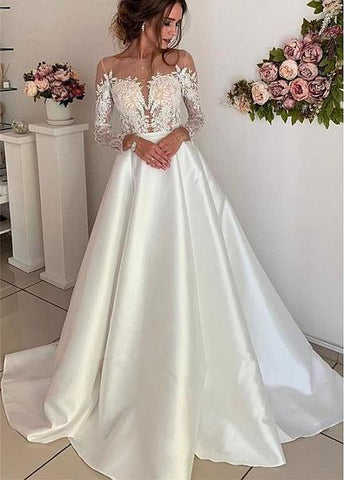 Long Sleeves A-line Tulle & Satin Jewel Wedding Dresses With Lace Appliques