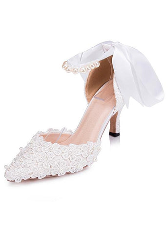 Sweet Lace Upper Pointed Toe Stiletto Heels Wedding/ Bridal Party Shoes With Ribbon & Pearls & Lace Flowers