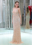 Tulle V-neck Neckline Floor-length Sheath/Column Prom Dresses With Beadings & Cotton