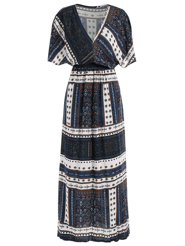 Belted Tribal Print Slit Maxi Dress 