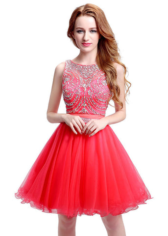 Pretty Tulle Jewel Neckline Sleeveless Short-length A-Line Homecoming Dresses With Beadings