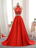 Red Satin High Neck Prom Dress