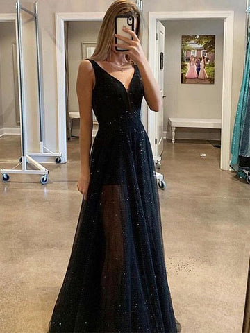 Sparkly Black A Line V Neck Sequins Long Prom Dress