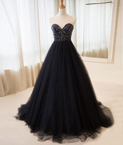 Black Tulle Sweetheart Long Prom Dress