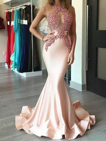 Pink Mermaid Halter Satin Applique Prom Dress