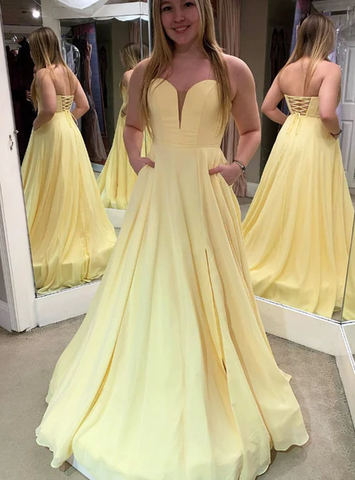 A-Line Yellow Long Chiffon Sweetheart Prom Dress With Pocket