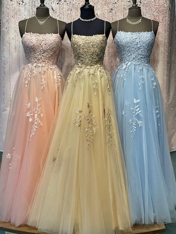 Spaghetti Straps Tulle Appliques Gold Prom Formal Dress