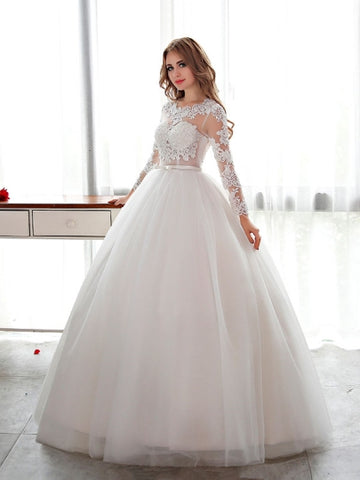 Designer Open Back Lace Ball Gown Long Sleeve Wedding Dress