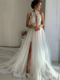 Lace White Tulle Long Appliques Halter Wedding Dress
