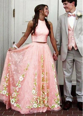Two-piece Lace Appliques Coral Prom Dress