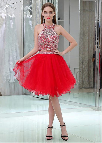  Sparkly Tulle Jewel Neckline A-line Two-piece Cocktail Dresses With Beadings