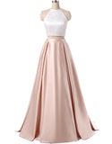 Champagne Satin Two Piece Long Prom Dress