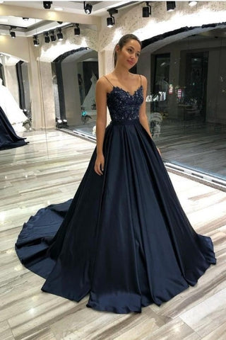 Dark Navy Blue Spaghetti Straps Appliques Beading Satin Prom Formal Dress