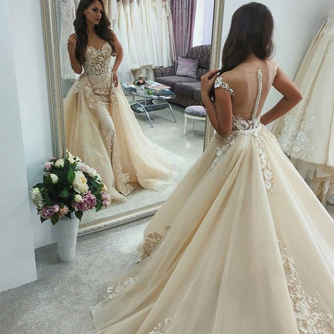 Illusion Back Light Champagne Wedding Dress with Appliques Overskirt