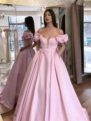 Long A-Line Pink Satin Off The Shoulder Prom Evening Dress