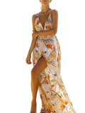 Orange Deep V Neck Backless Floral Print Split Maxi Party Dress
